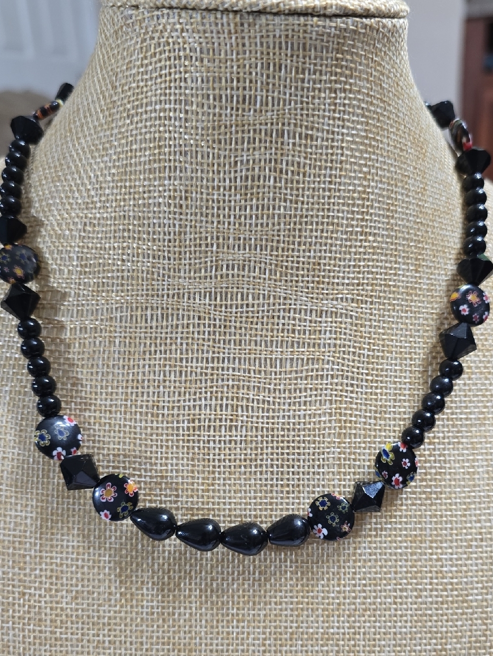 Vintage Black Glass Beaded Millefiori Necklace